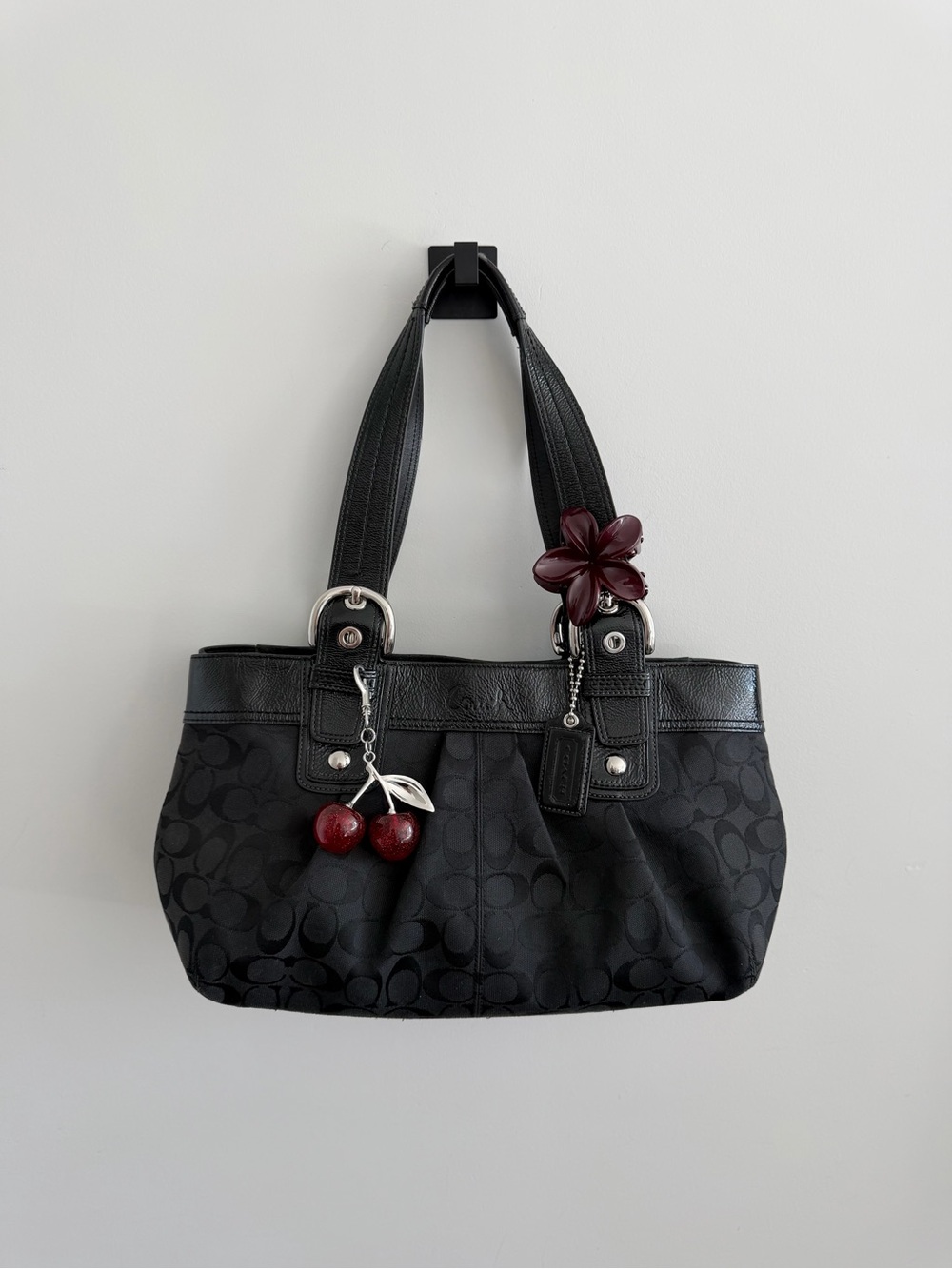 Vintage Coach Black Optic Canvas   Pleated Soho Tote Bag (medium)